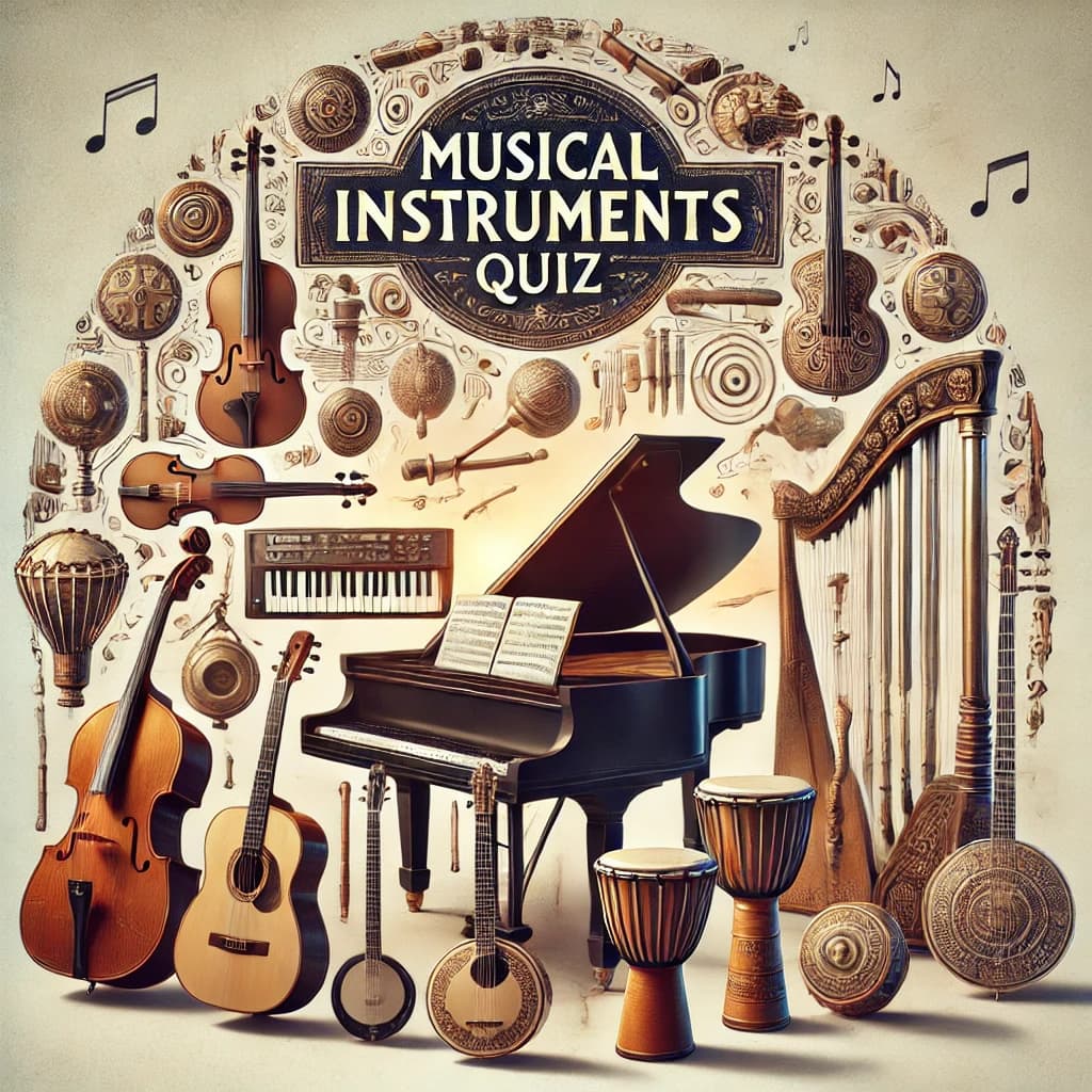 Musical Instruments Quiz - Image of various instruments, strings, drums, woodwind